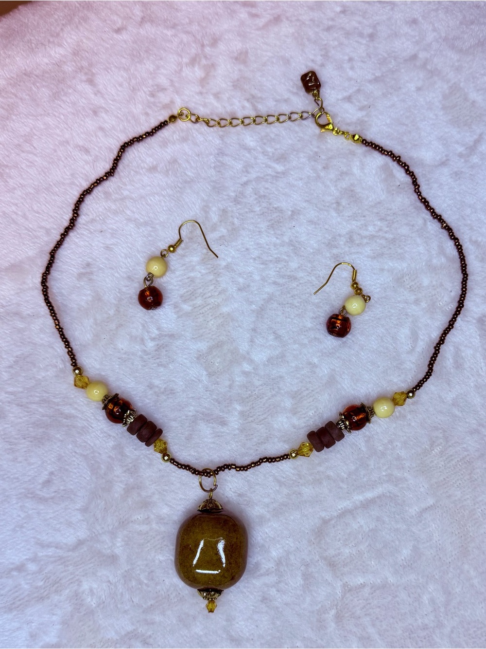 Vintage You and I Brown and Cream Beaded Necklace with Matching Earrings